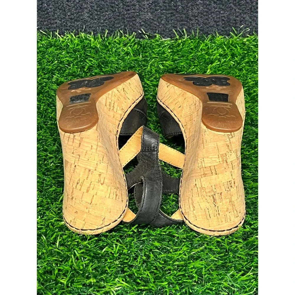 Born Womens Black Leather Cork Wedge Sandals Ankle Strap Platform Shoes Size 9